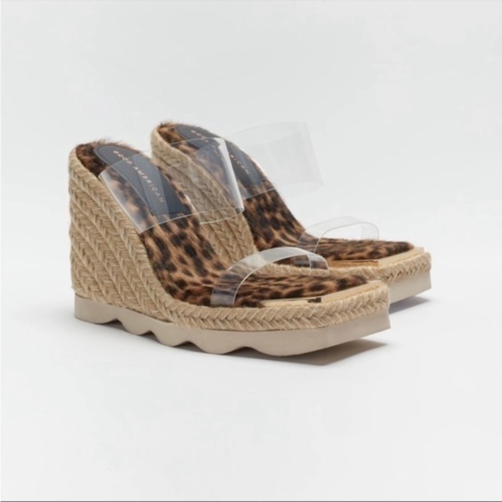 Good American Leopard Print Faux Fur & Clear Strap Espadrille Wedges - Tan